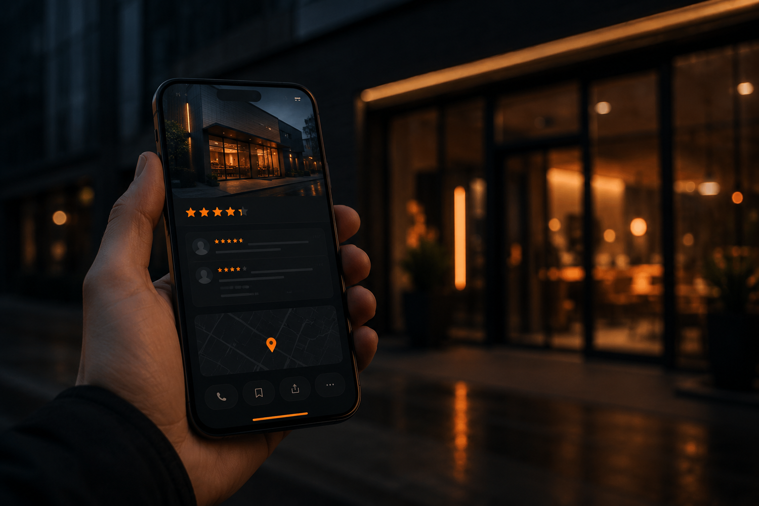 Клиент проверяет карточку компании на смартфоне перед выбором